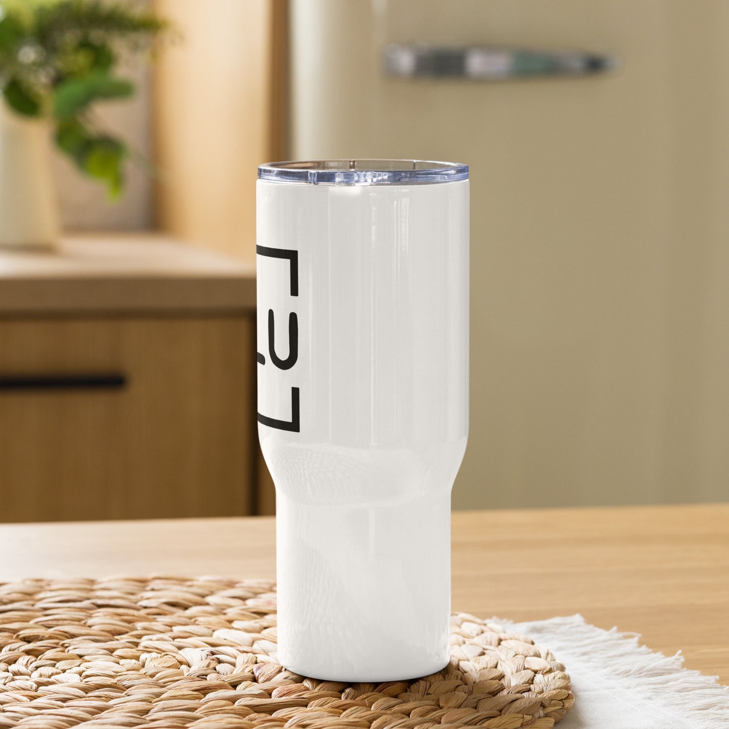 WLU White Travel Mug With Handle - Black Logo