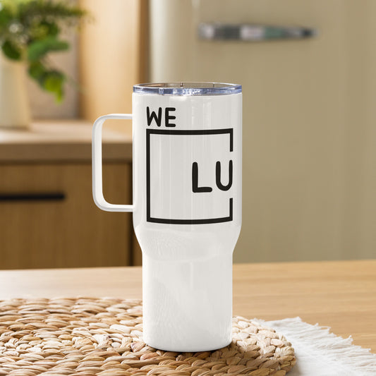 WLU White Travel Mug With Handle - Black Logo